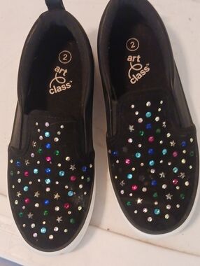Art Class Girls' Black Slip-On Sneakers with Multicolor Gem Accents
